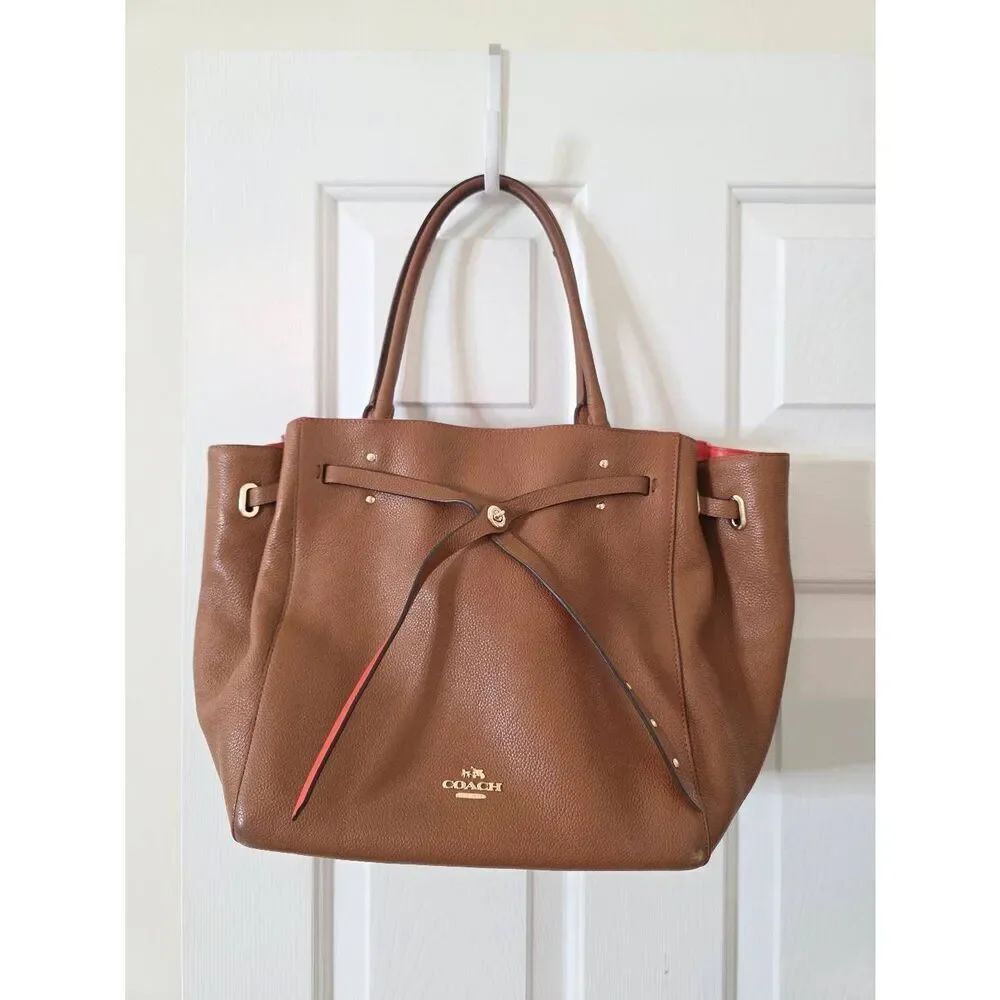 Coach Turnlock Tie Pebble Leather Brown and Orange Tote 35838